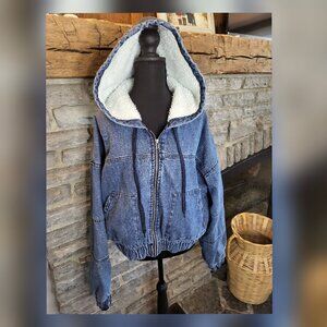 Aeropostale Cropped Denim Sherpa Hooded Jacket Womens XL Blue Full Zip Quilted